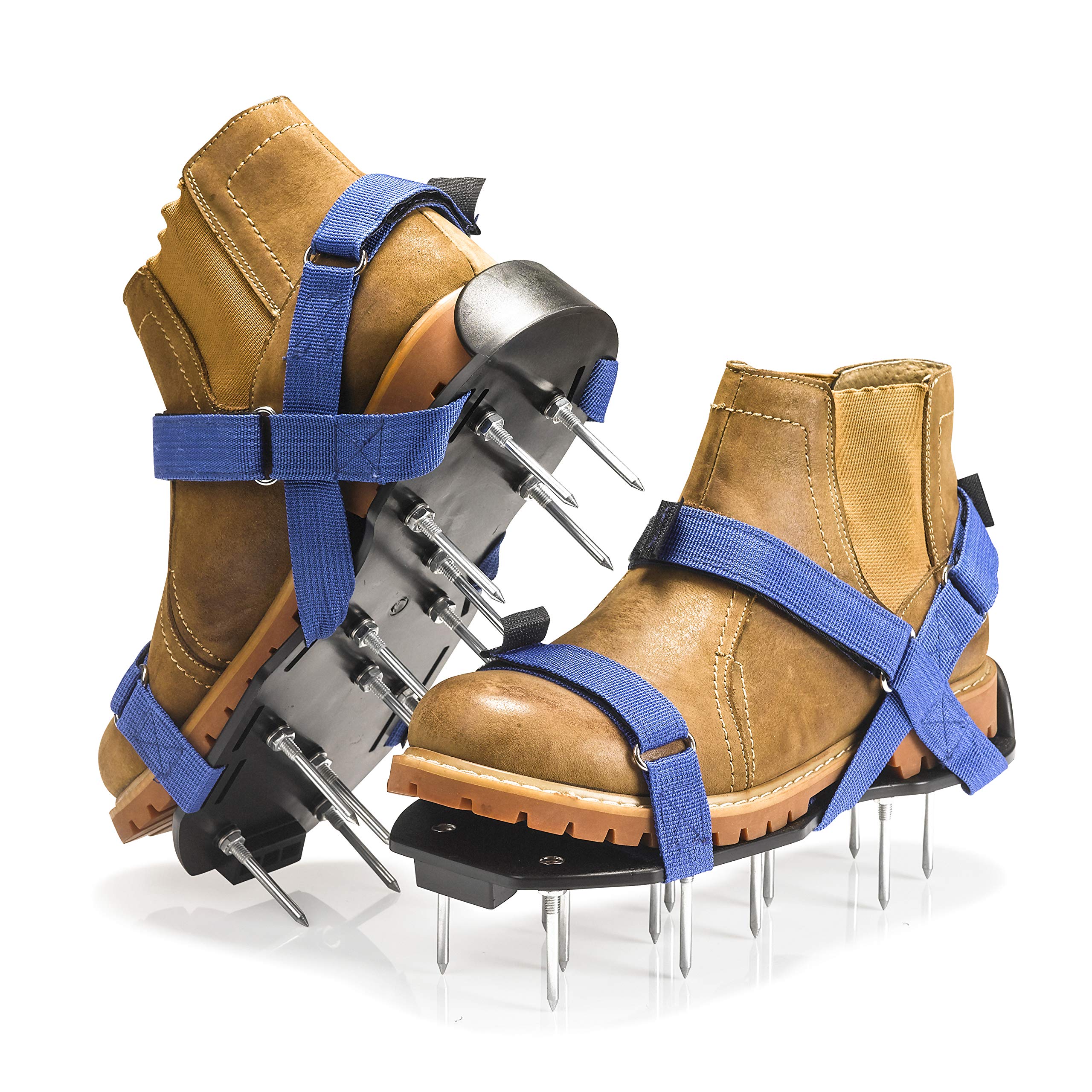 Envy Green Lawn Aerator Shoes on foot for easy aeration and root access.