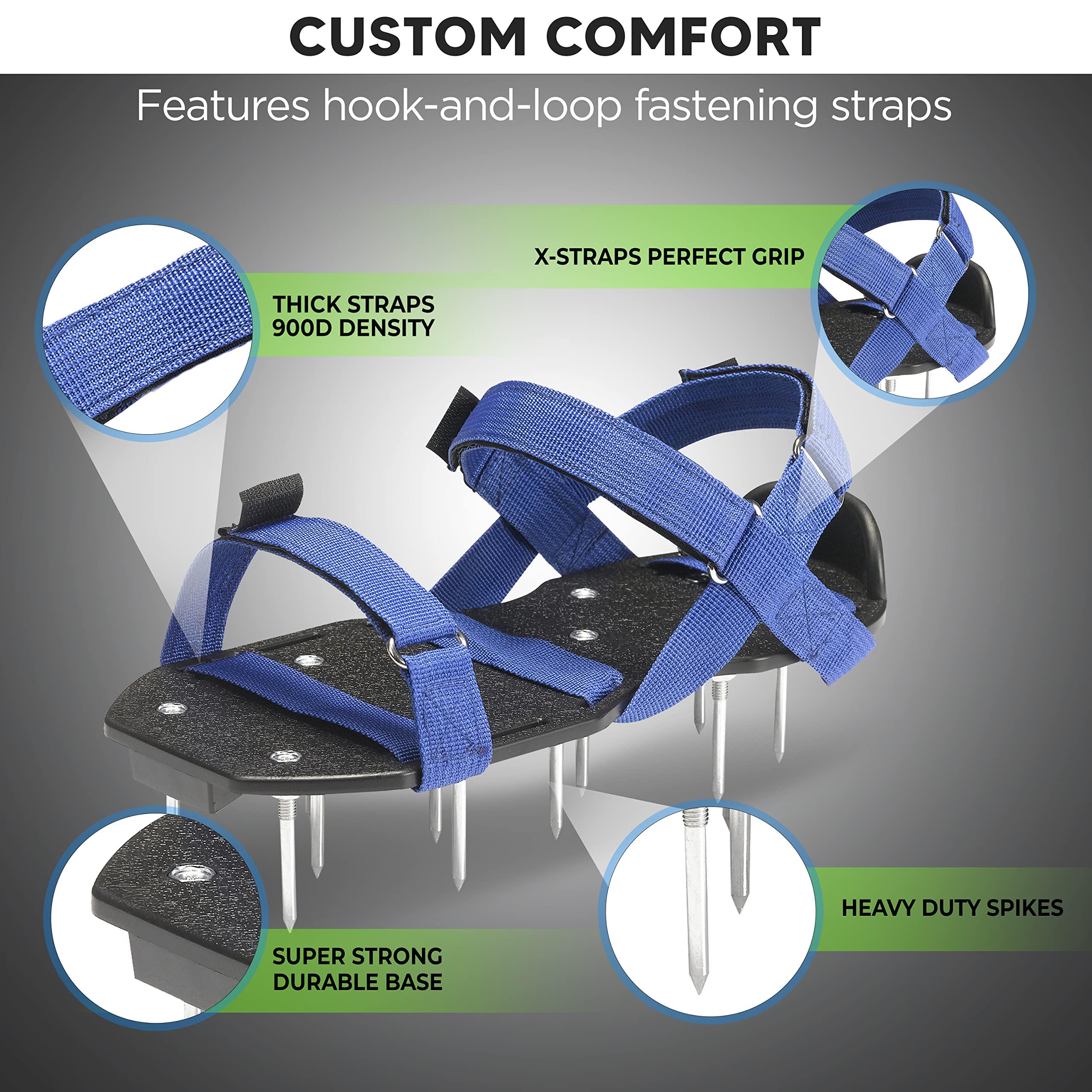 Envy Green Lawn Aerator Shoes with X-strap closure ensuring snug fit.