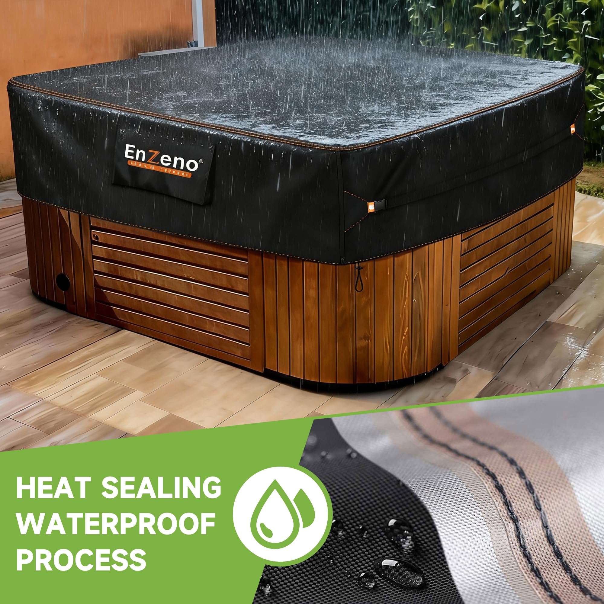 Enzeno hot tub cover side with straps securely fixes the lid against wind and rain.