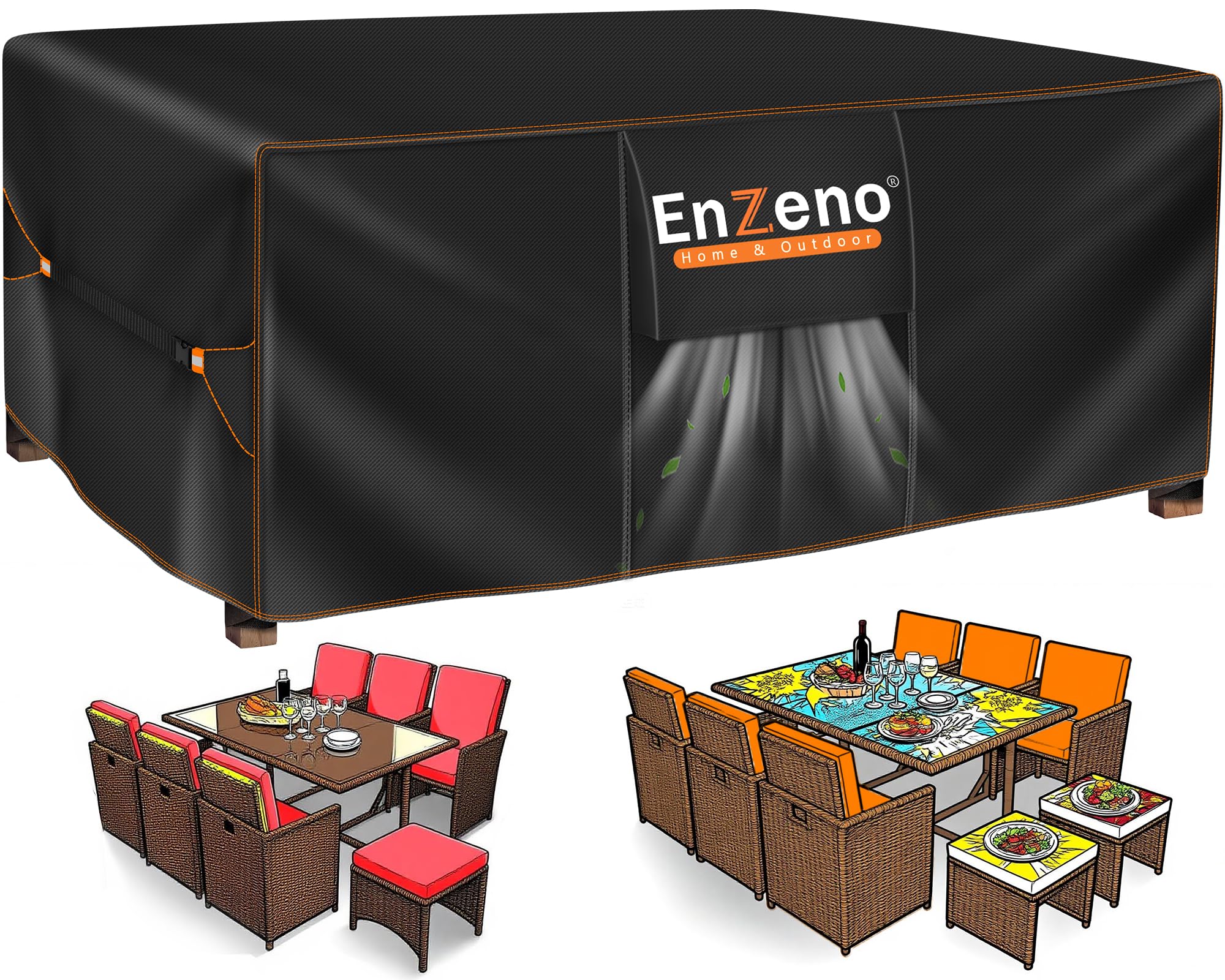 Enzeno patio cover with waterproof seams protecting outdoor furniture from rain