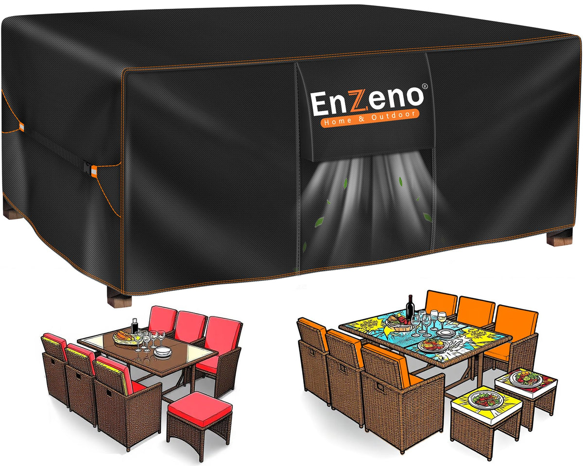 Enzeno patio cover with waterproof seams protecting outdoor furniture from rain
