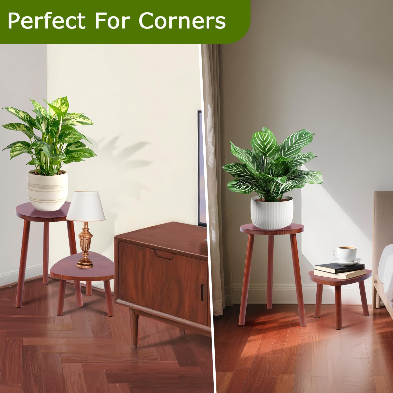 Eocogup walnut finish plant stand detail adds natural warmth to space