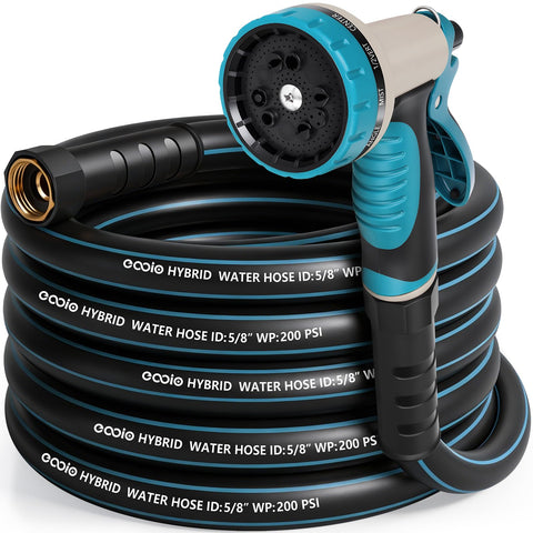 EOOIO heavy-duty garden hose 25ft with 10-function nozzle in action.