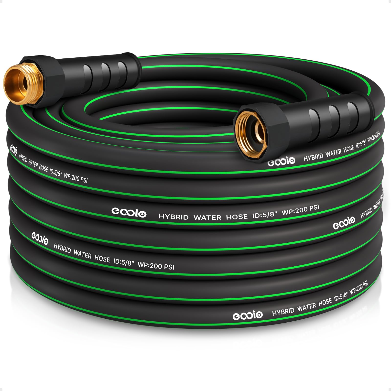 EOOIO heavy-duty garden hose 50ft unrolled demonstrates extended reach for garden beds.