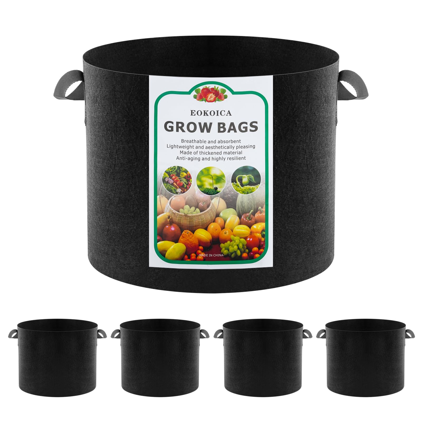 EOKOICA 5-pack 10-gallon grow bags fabric closeup shows durable breathable material for healthier roots