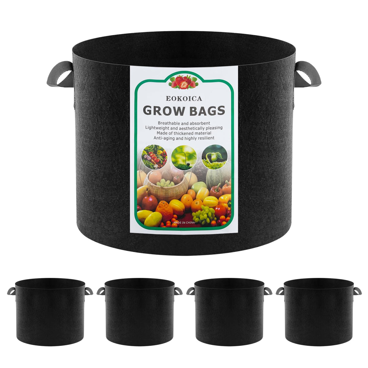 EOKOICA 5-pack 10-gallon grow bags fabric closeup shows durable breathable material for healthier roots