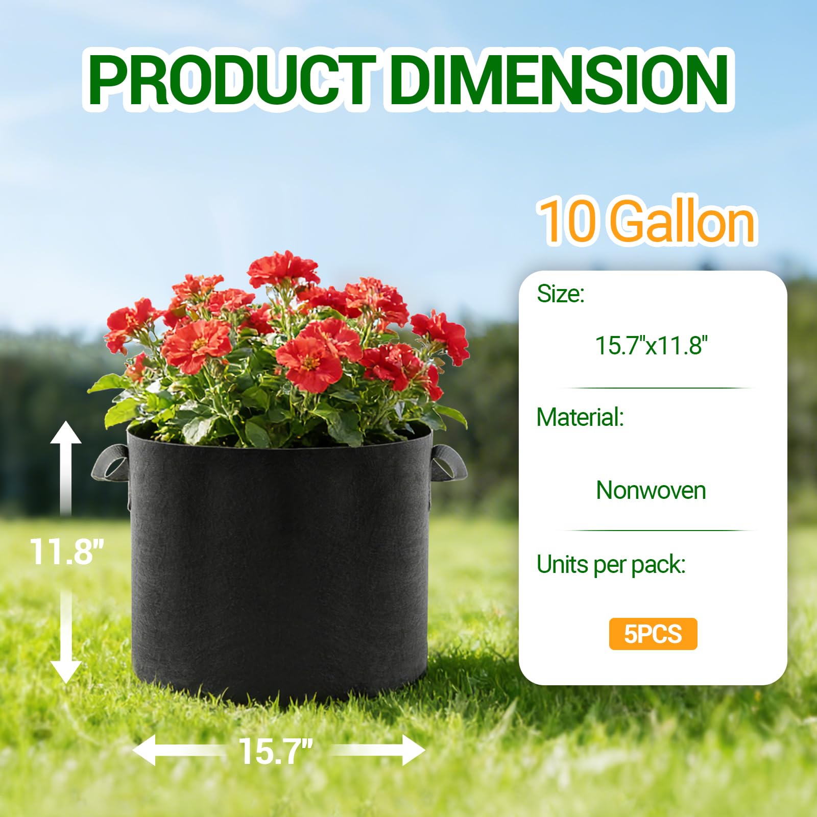 EOKOICA 5-pack 10-gallon grow bags reinforced handles enable easy transportation