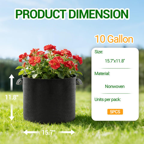 EOKOICA 5-pack 10-gallon grow bags reinforced handles enable easy transportation