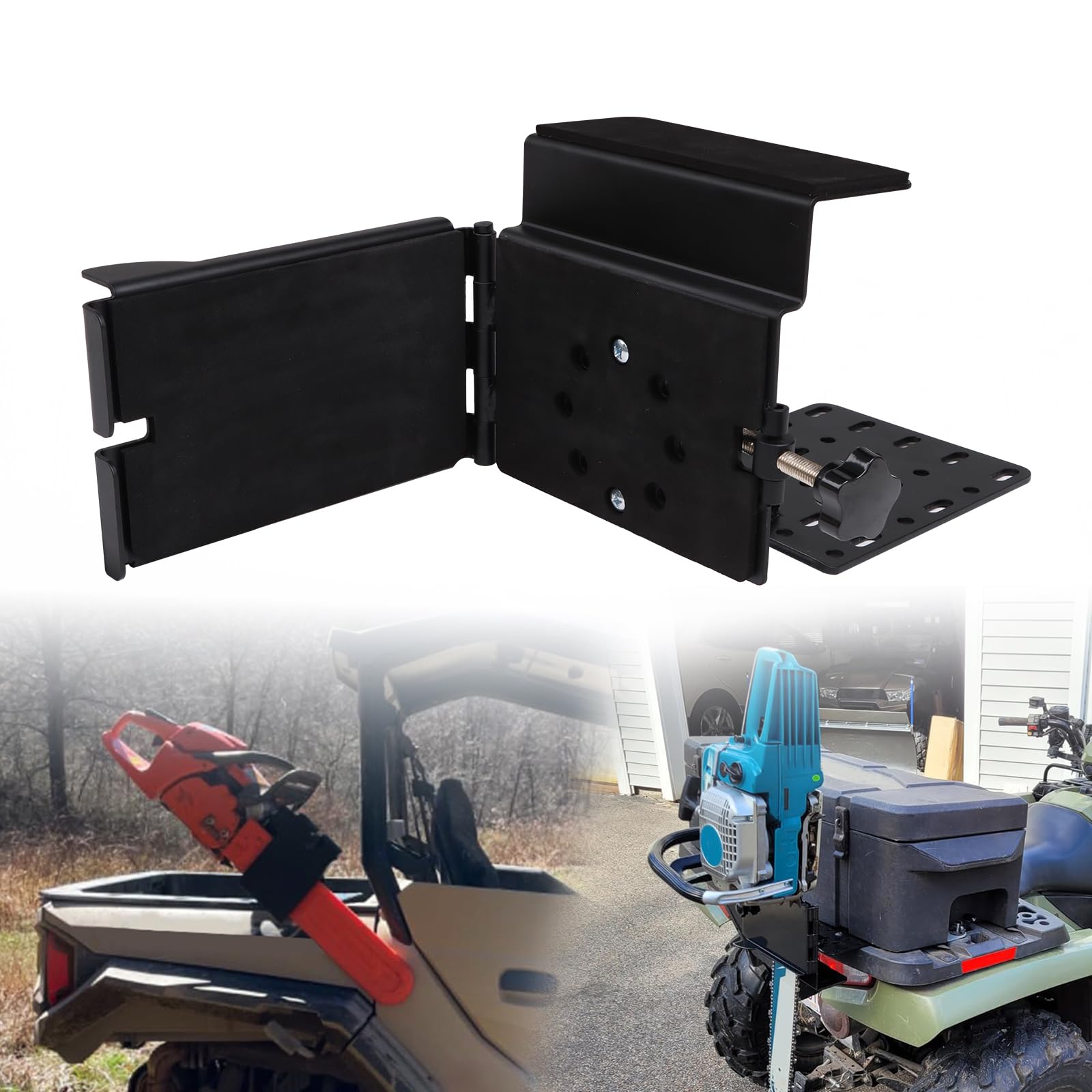 EONECROSS universal ATV chainsaw mount secured on tubular rack for safe transport