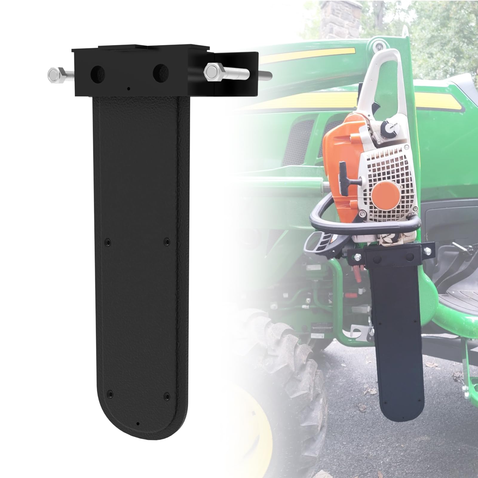 EONECROSS universal chainsaw holder on a tractor securely stores a 20-inch saw for transport