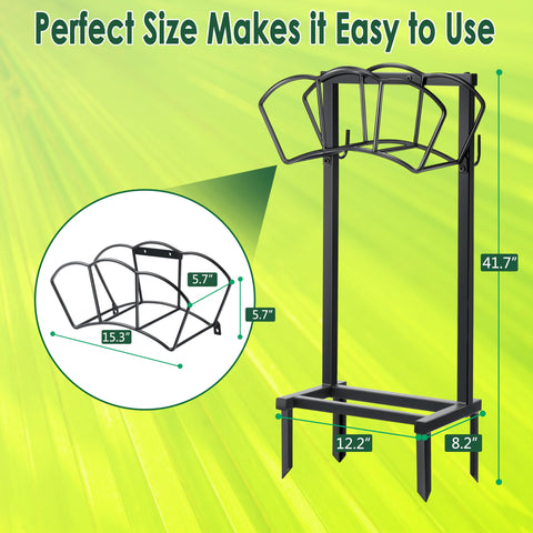 EONFAY hose organizer with extra hooks stores tools, keeping your garden neat.