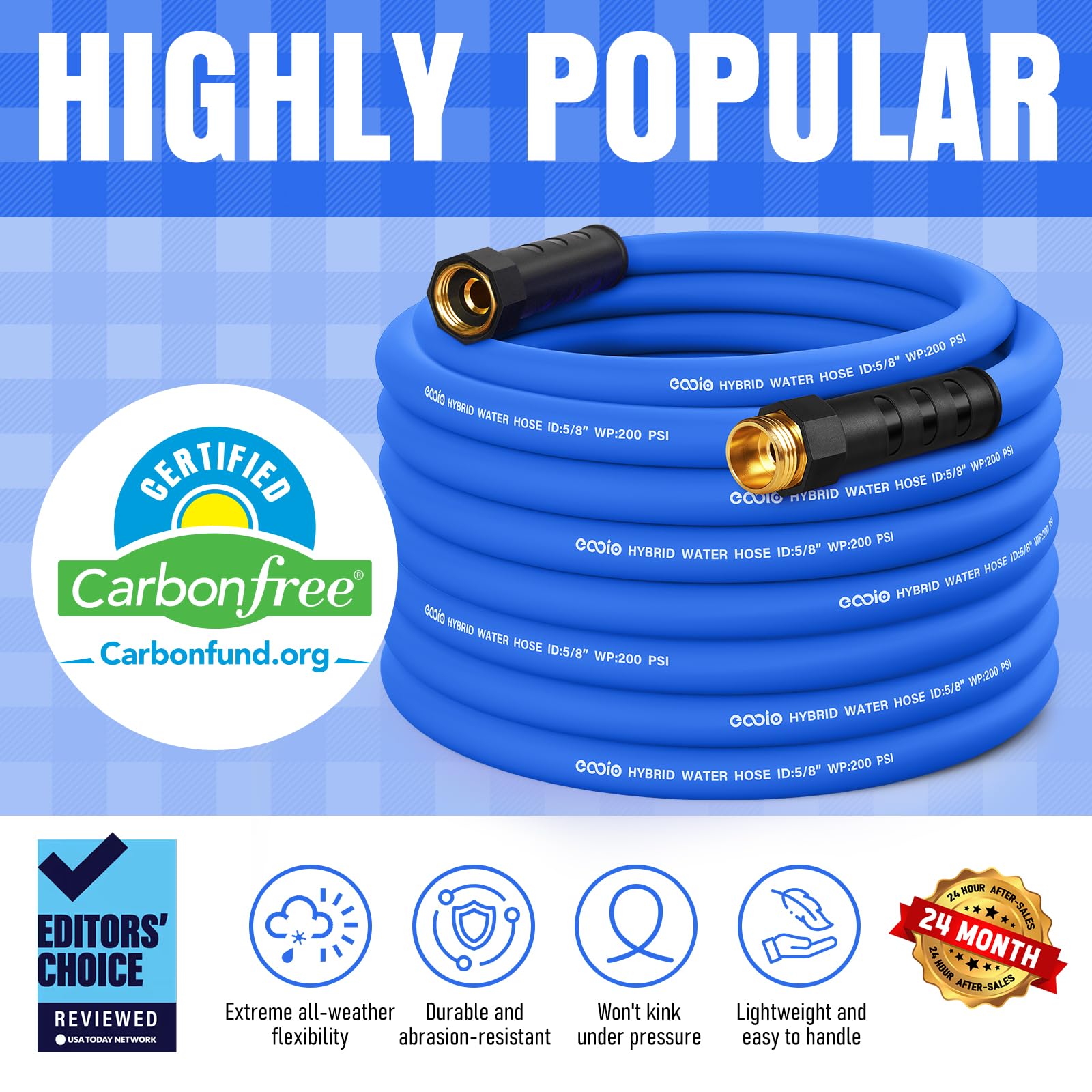 EOOIO brass fittings on this hose prevent leaks and rust.