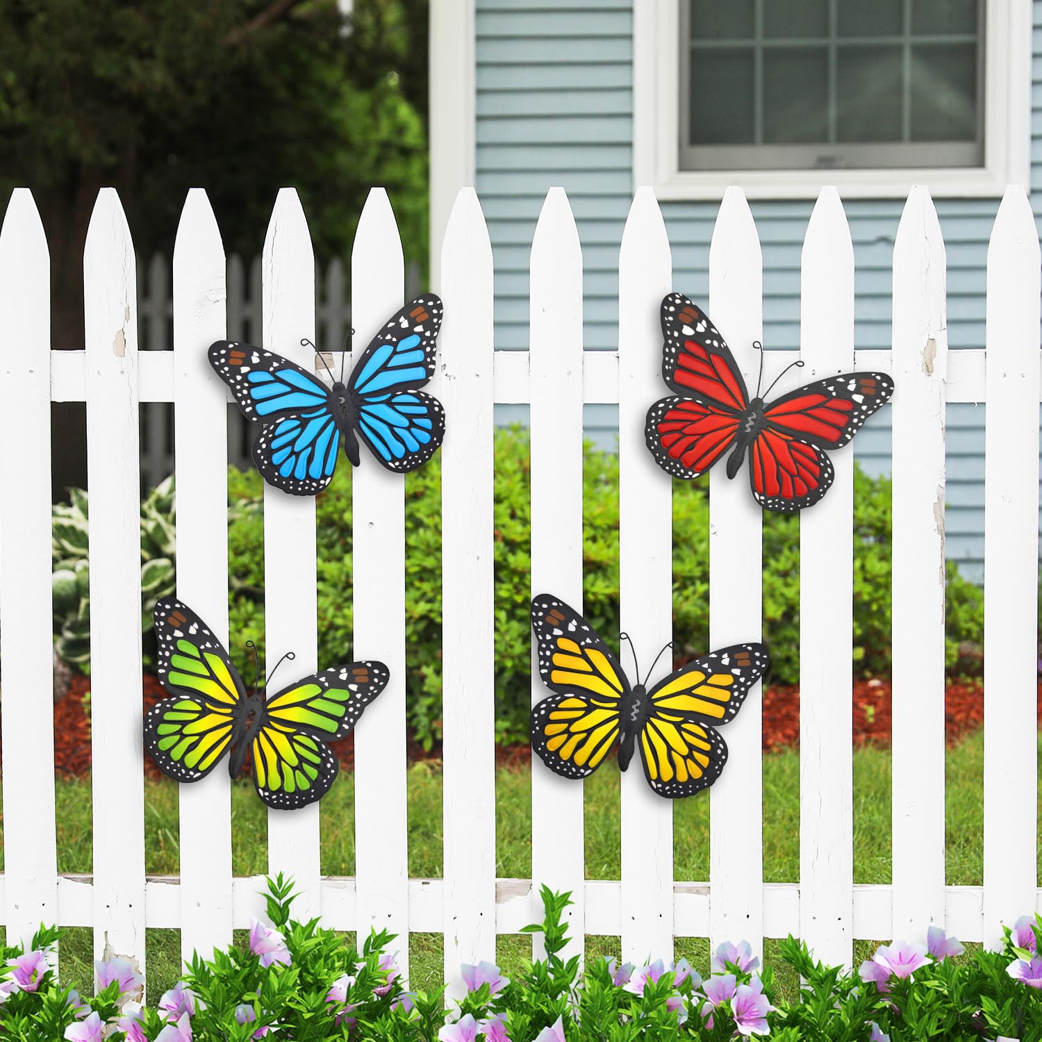 EOORAU metal butterfly green 9.8in complements patio greenery.