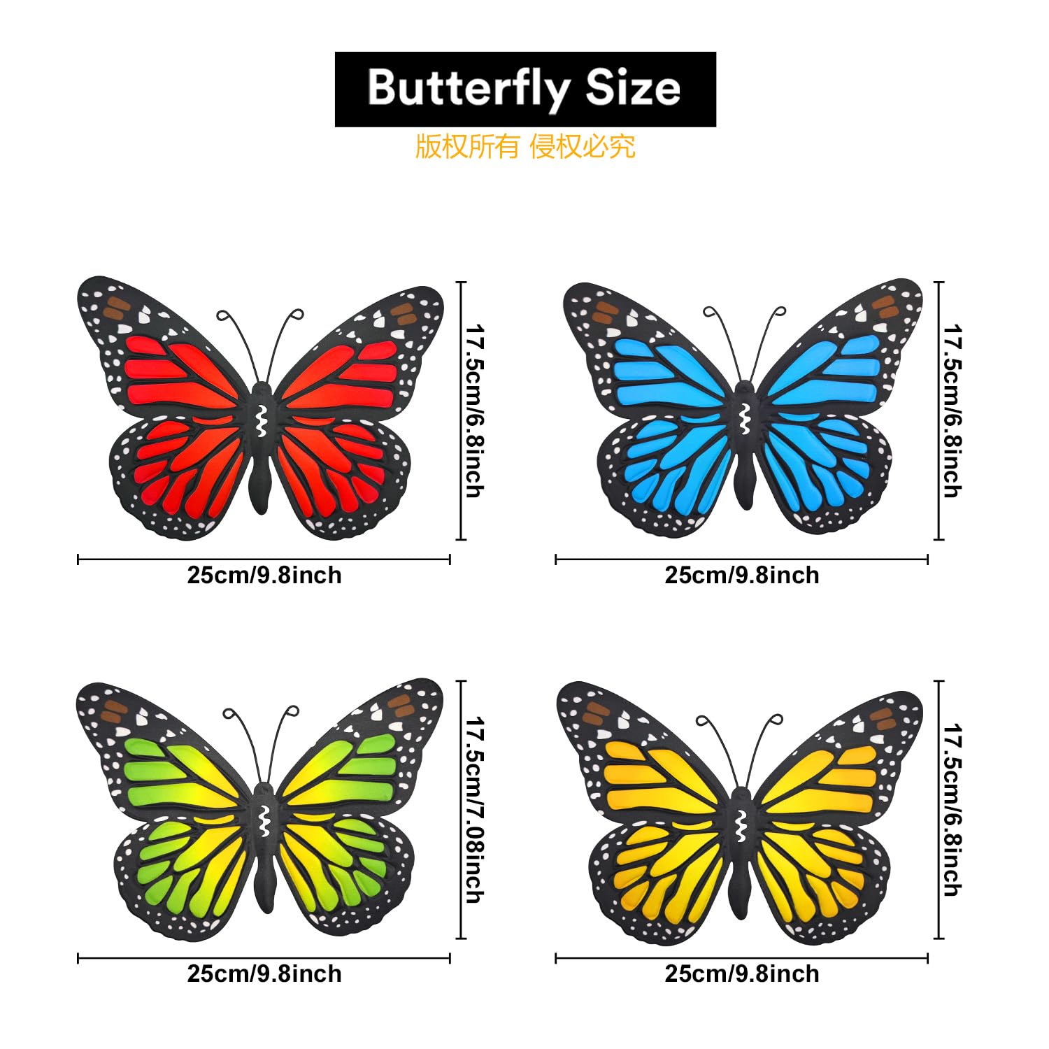 EOORAU metal butterfly red 9.8in creates a fence focal point.
