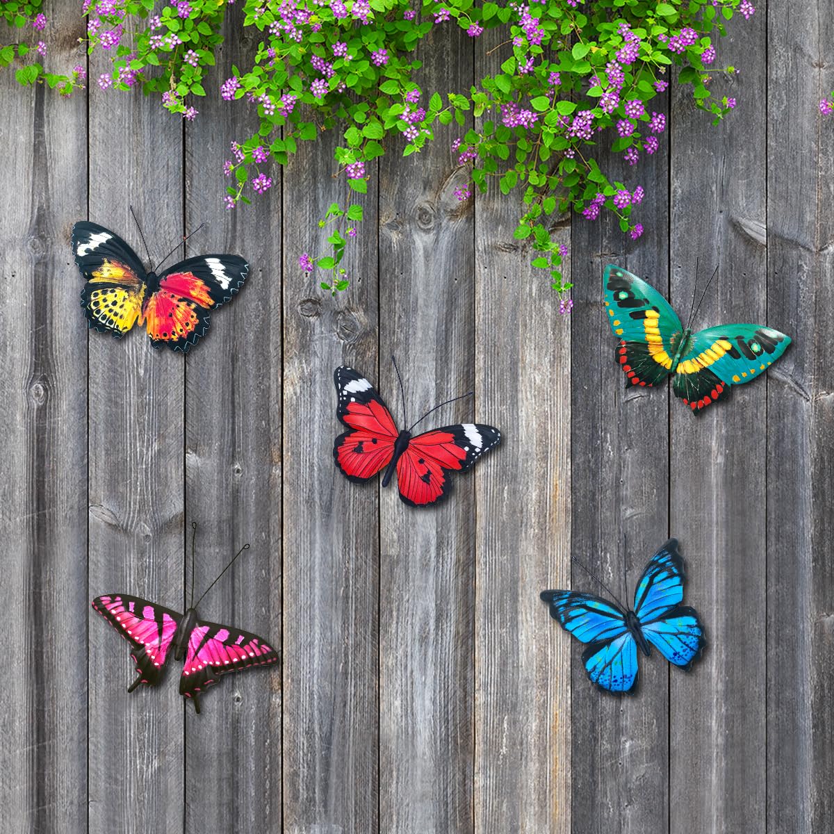 EOORAU lifelike metal butterflies brighten outdoor garden fences.