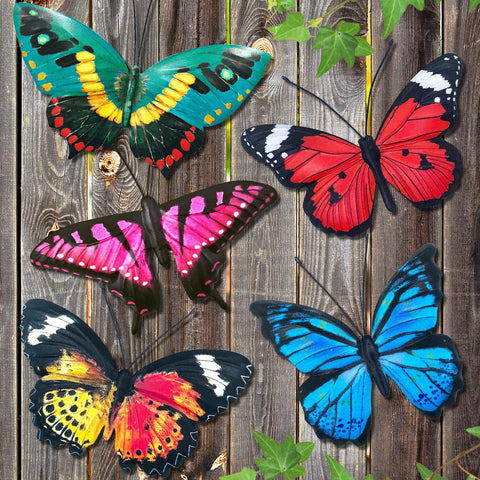 EOORAU metal butterfly wall decor 5-pack adds color to outdoor garden spaces.