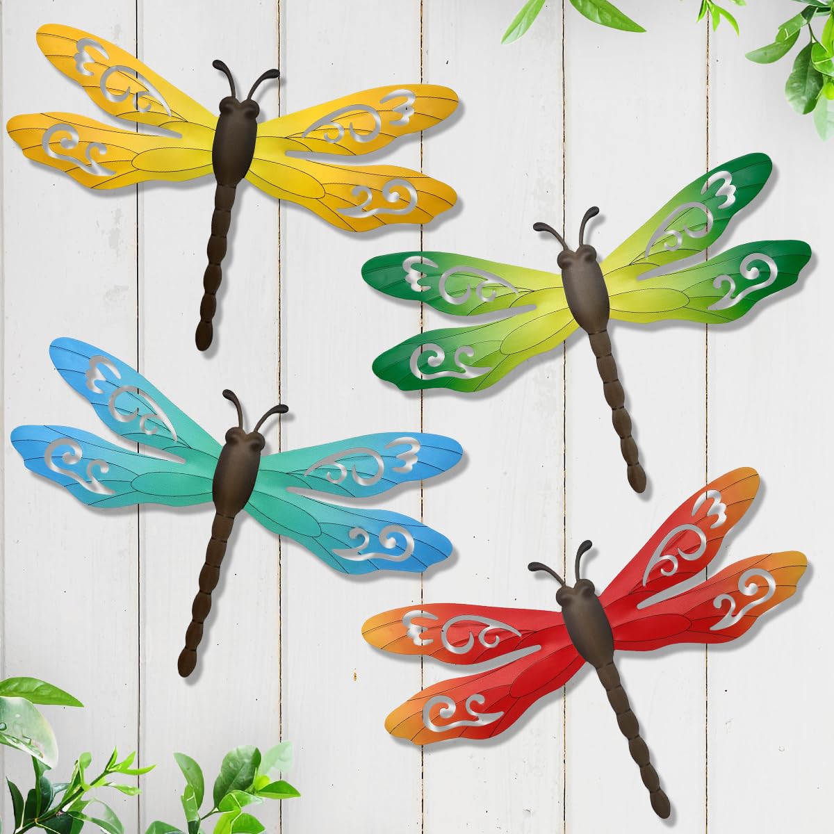 EOORAU metal dragonfly wall decor on fence adds bright outdoor color.