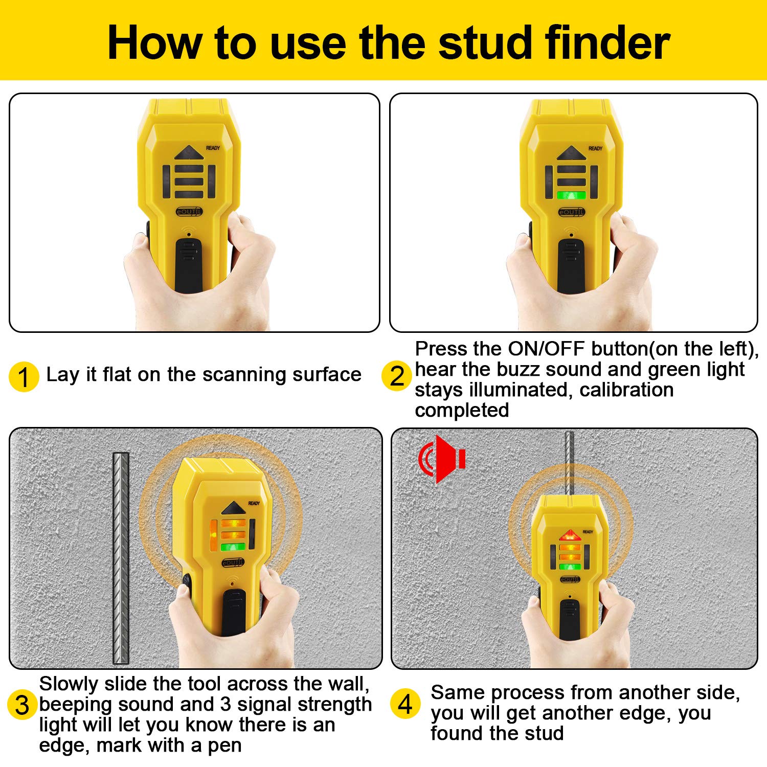 eOUTIL ST102 LED indicator and audible beep guide placement.