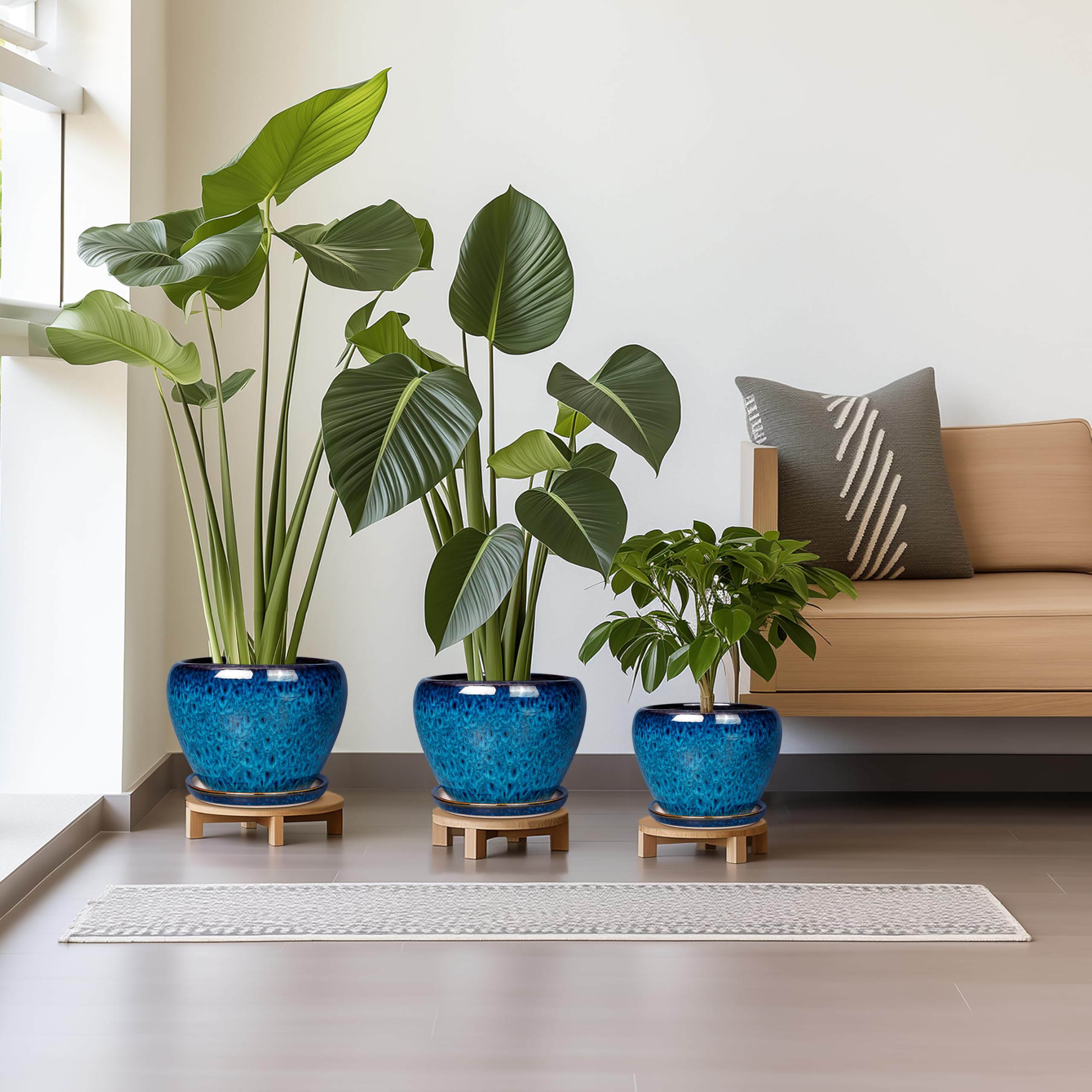 EPFamily blue ceramic planters 8-inch diameter ideal for medium plants