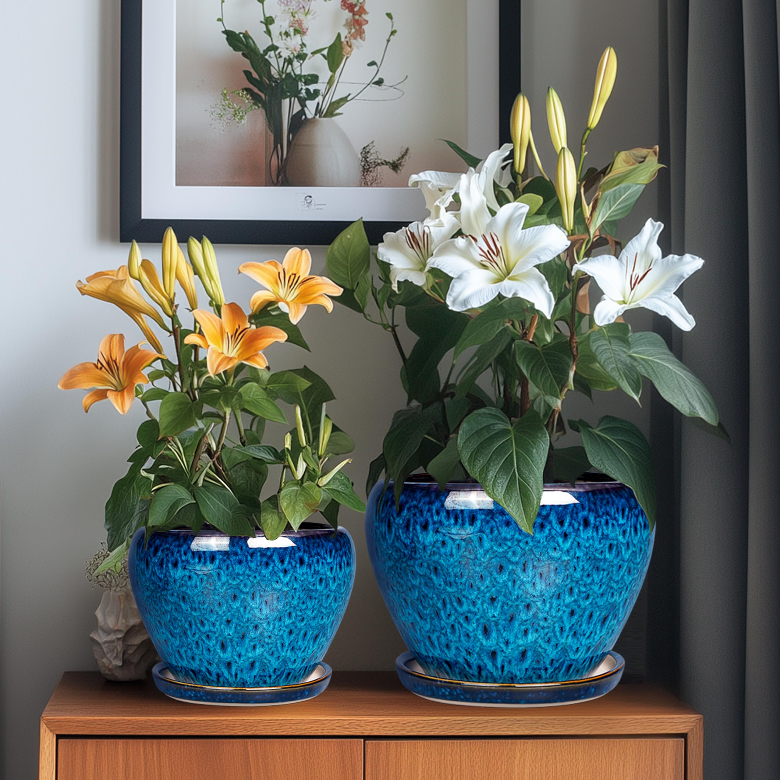 EPFamily blue ceramic planter with drainage hole, mesh, and saucer for overflow control
