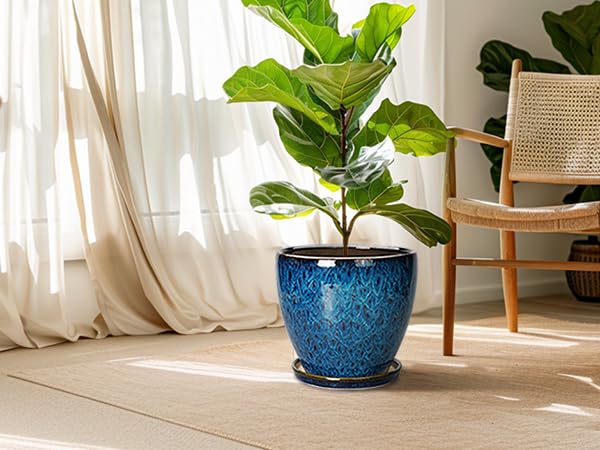EPFamily blue ceramic pot on table highlighting modern-vintage appeal.