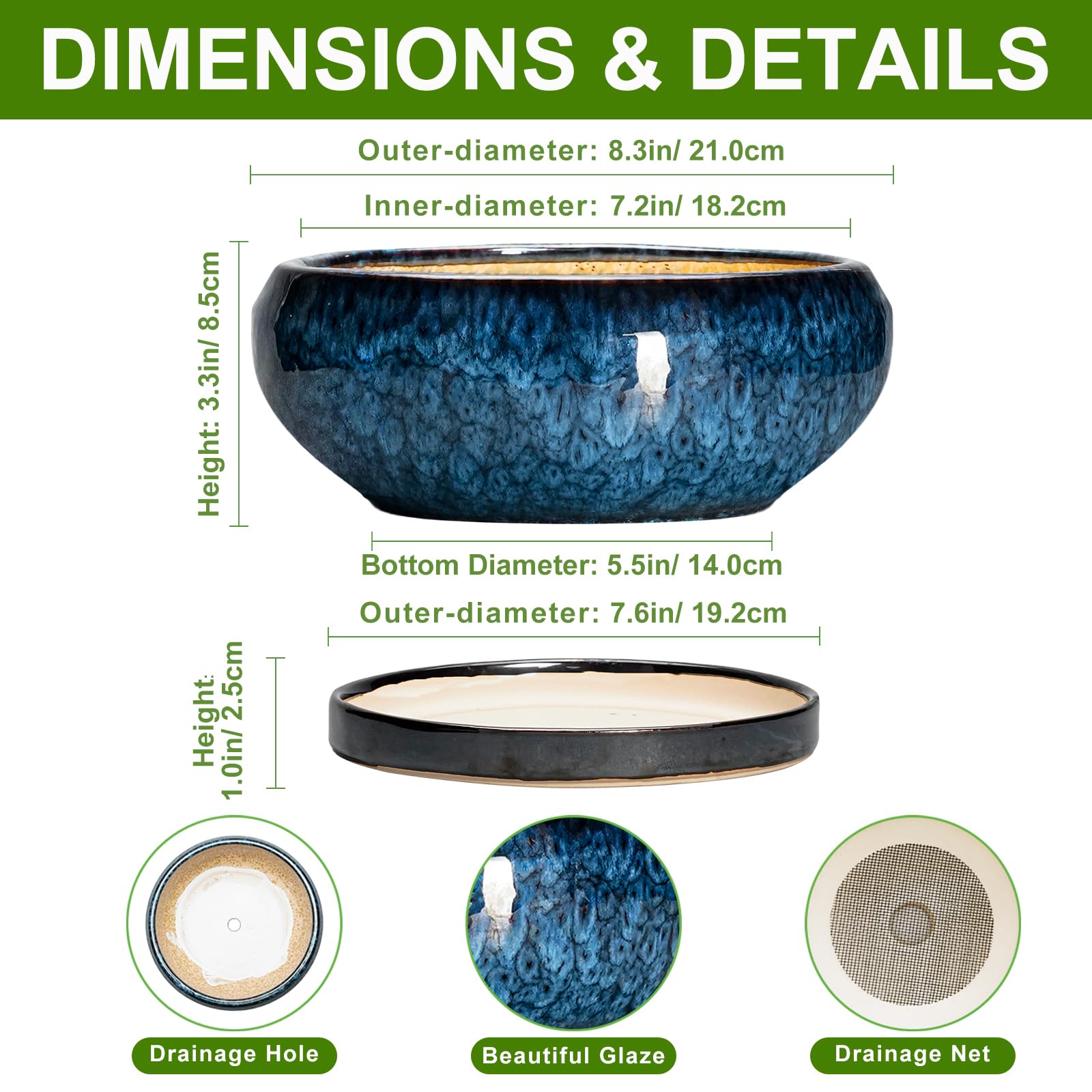 Blue glazed ceramic planter includes matching saucer for clean, spill-free surface protection.