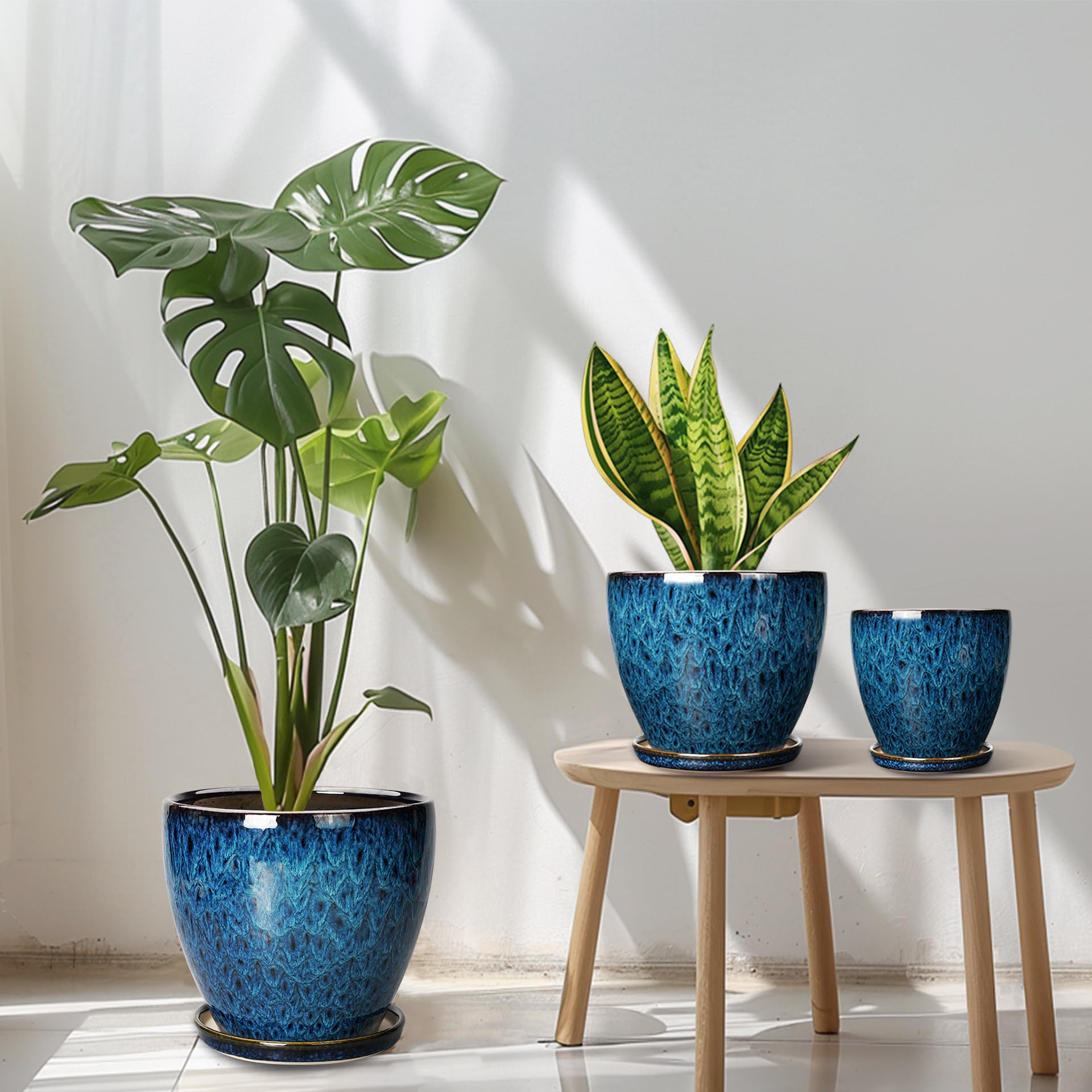 EPFamily 8-inch blue ceramic pot with glaze finish for living rooms and patios.
