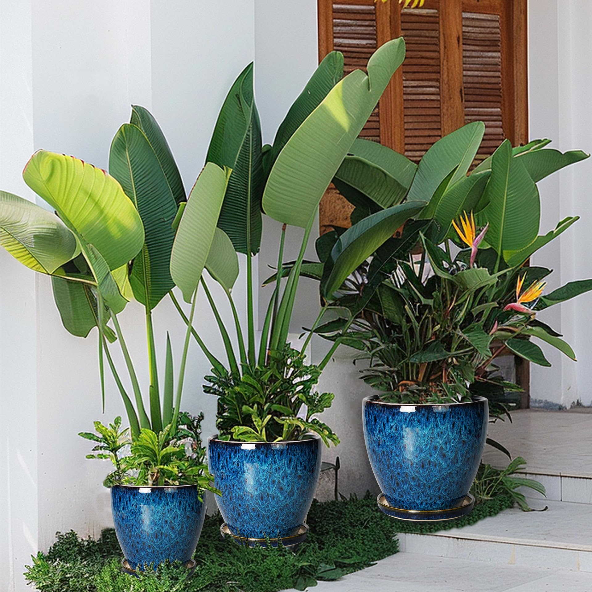 EPFamily ceramic pots for indoor or outdoor use with blue glaze.