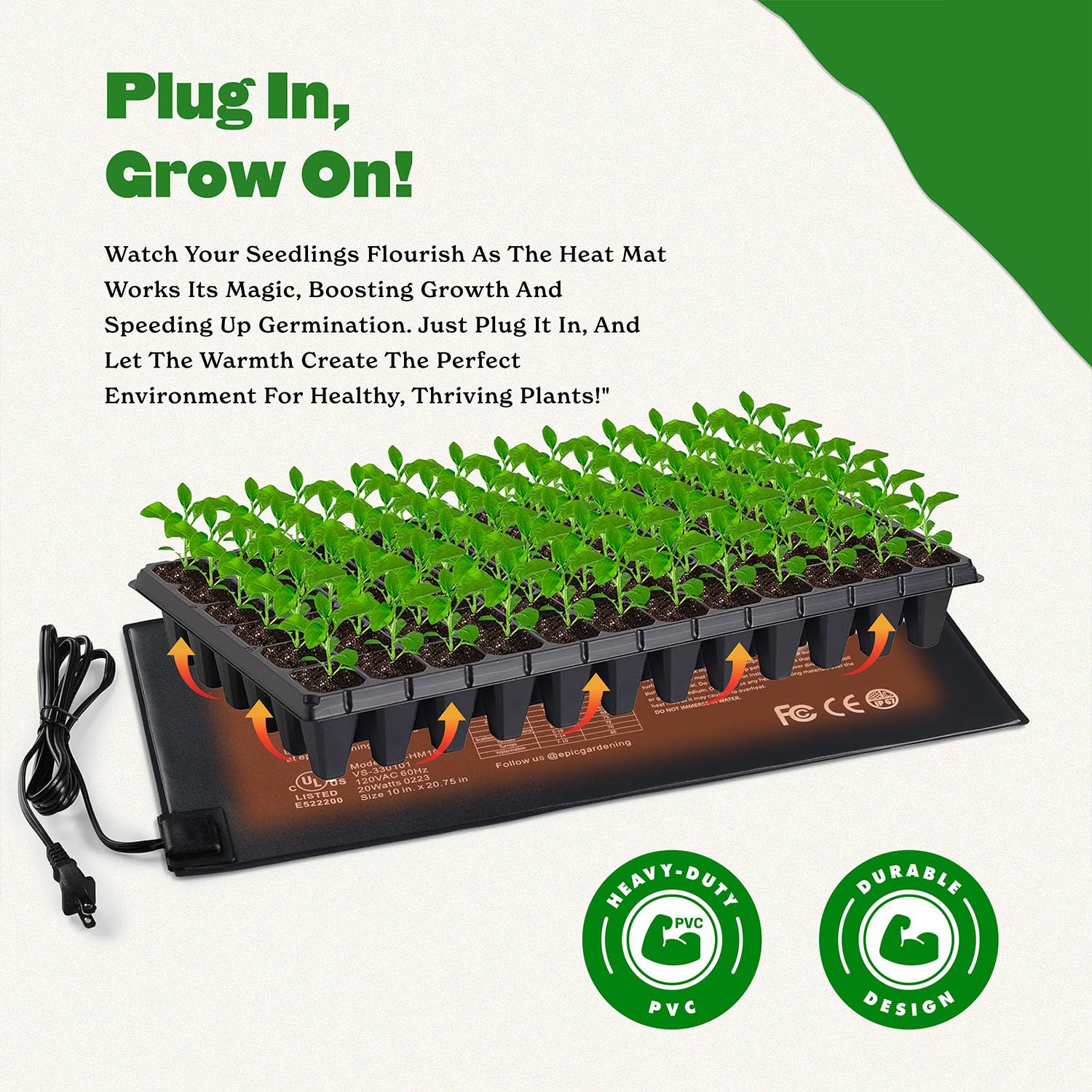 Epic Gardening Seedling Heat Mat 20W on seed tray supports reliable germination and early growth.