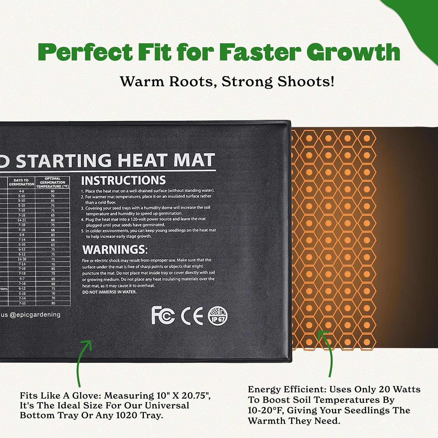 Epic Gardening Seedling Heat Mat 20W side view demonstrates even heat for robust seedlings.