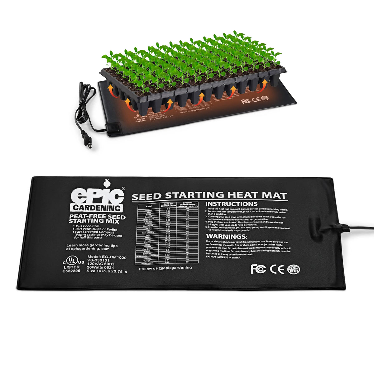 Epic Gardening Seedling Heat Mat 20W top view shows steady warmth for faster seed germination.