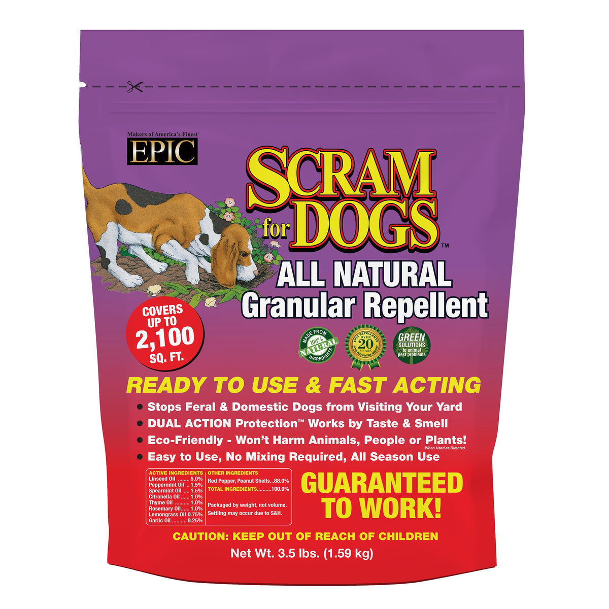 EPIC Repellents Dog Scram shaker bag repels dogs naturally around treated areas
