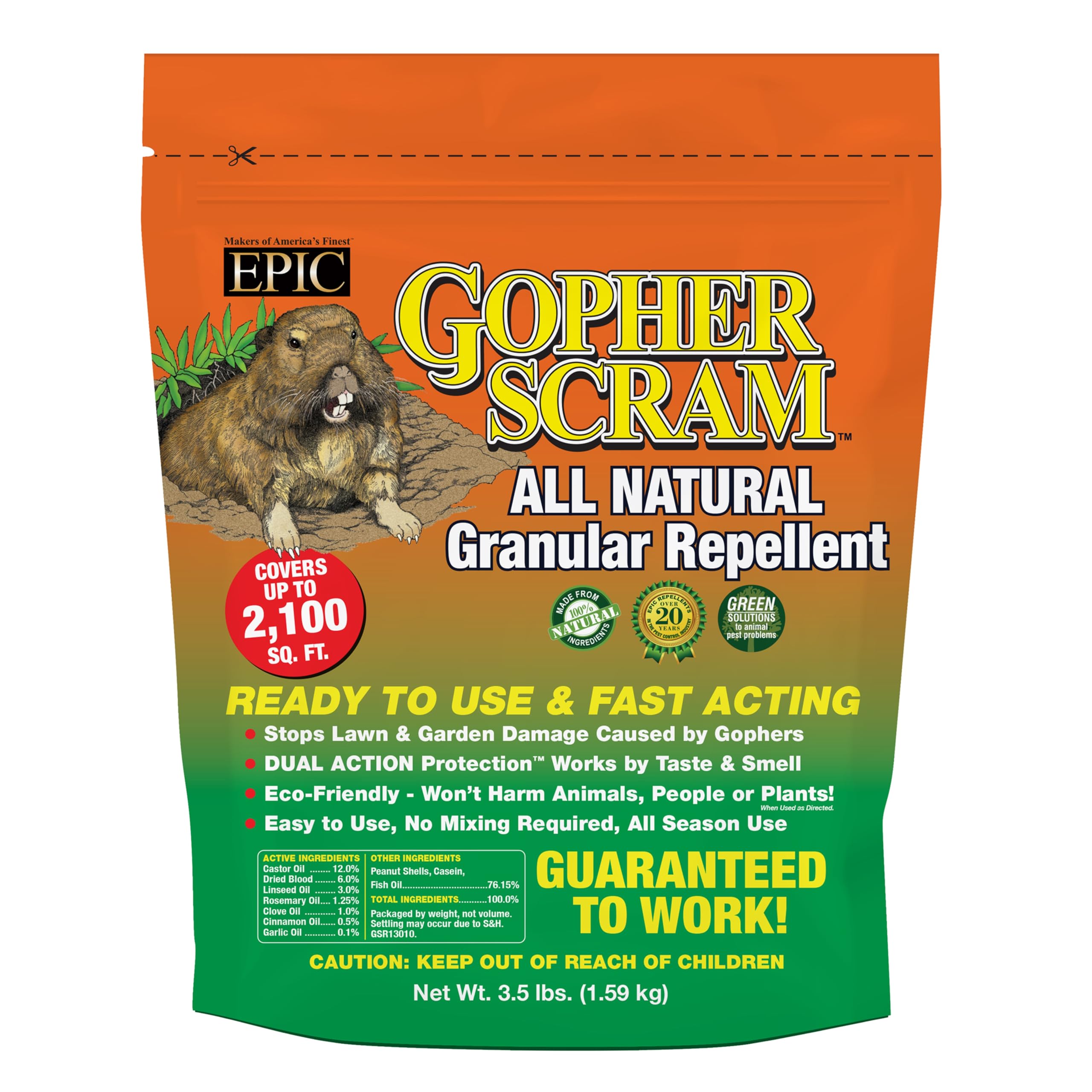 EPIC Repellents Gopher Scram granular repellent bag protects up to 2,100 square feet outdoors.