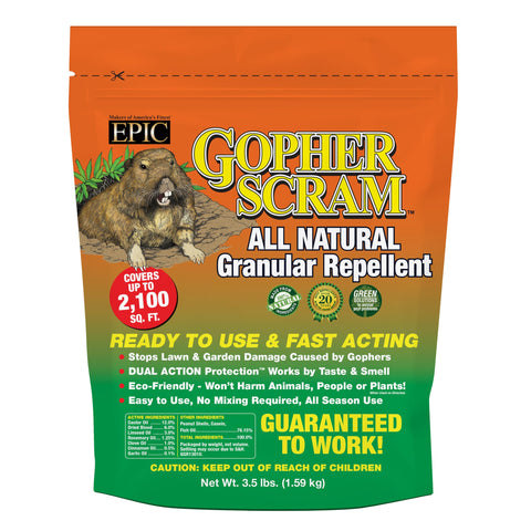 EPIC Repellents Gopher Scram granular repellent bag protects up to 2,100 square feet outdoors.