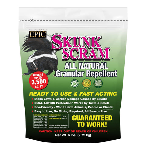 EPIC REPELLENTS Skunk Scram granular bag protects lawns and gardens from skunk damage.