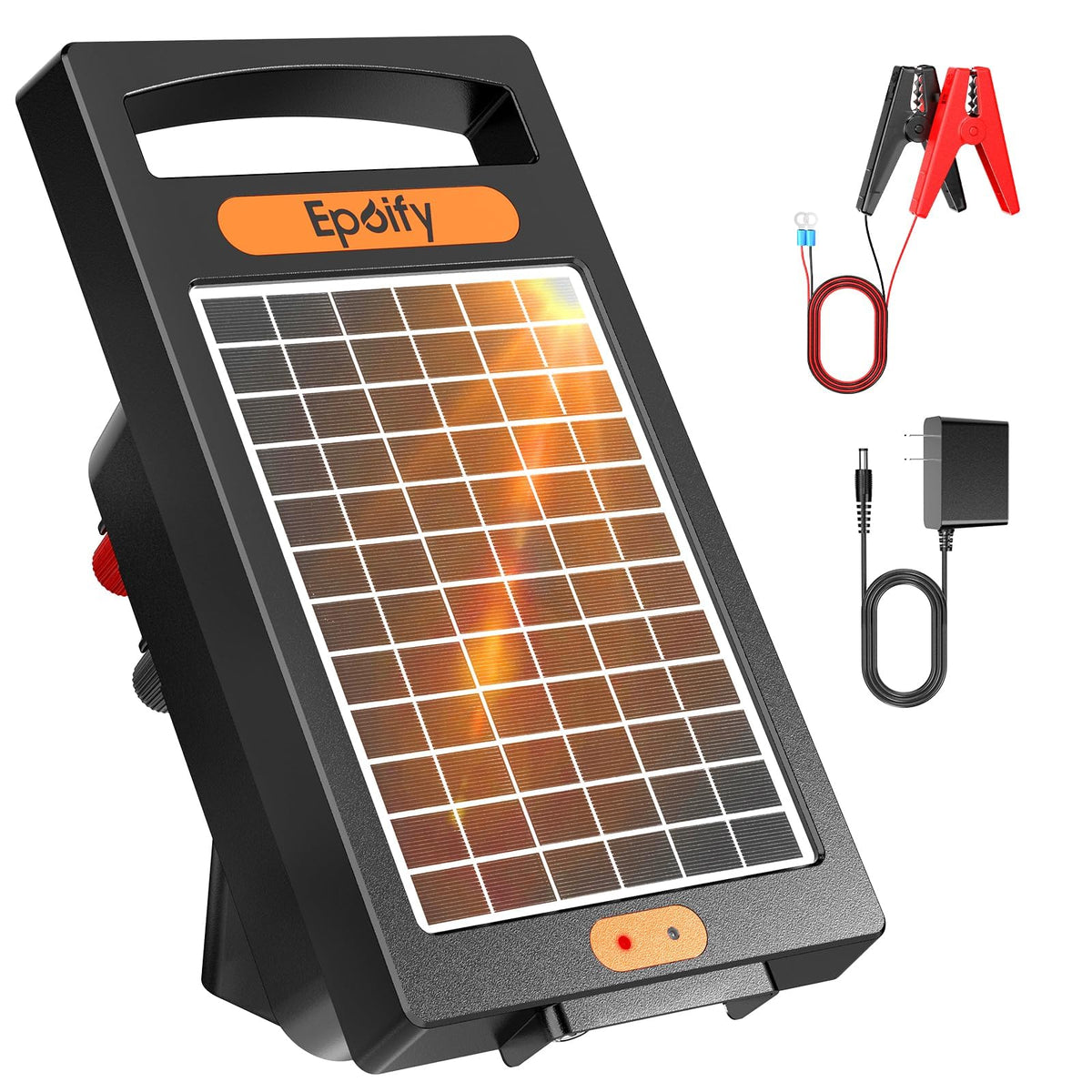 Epoify 24H solar fence charger front view, portable energizer for remote farms.