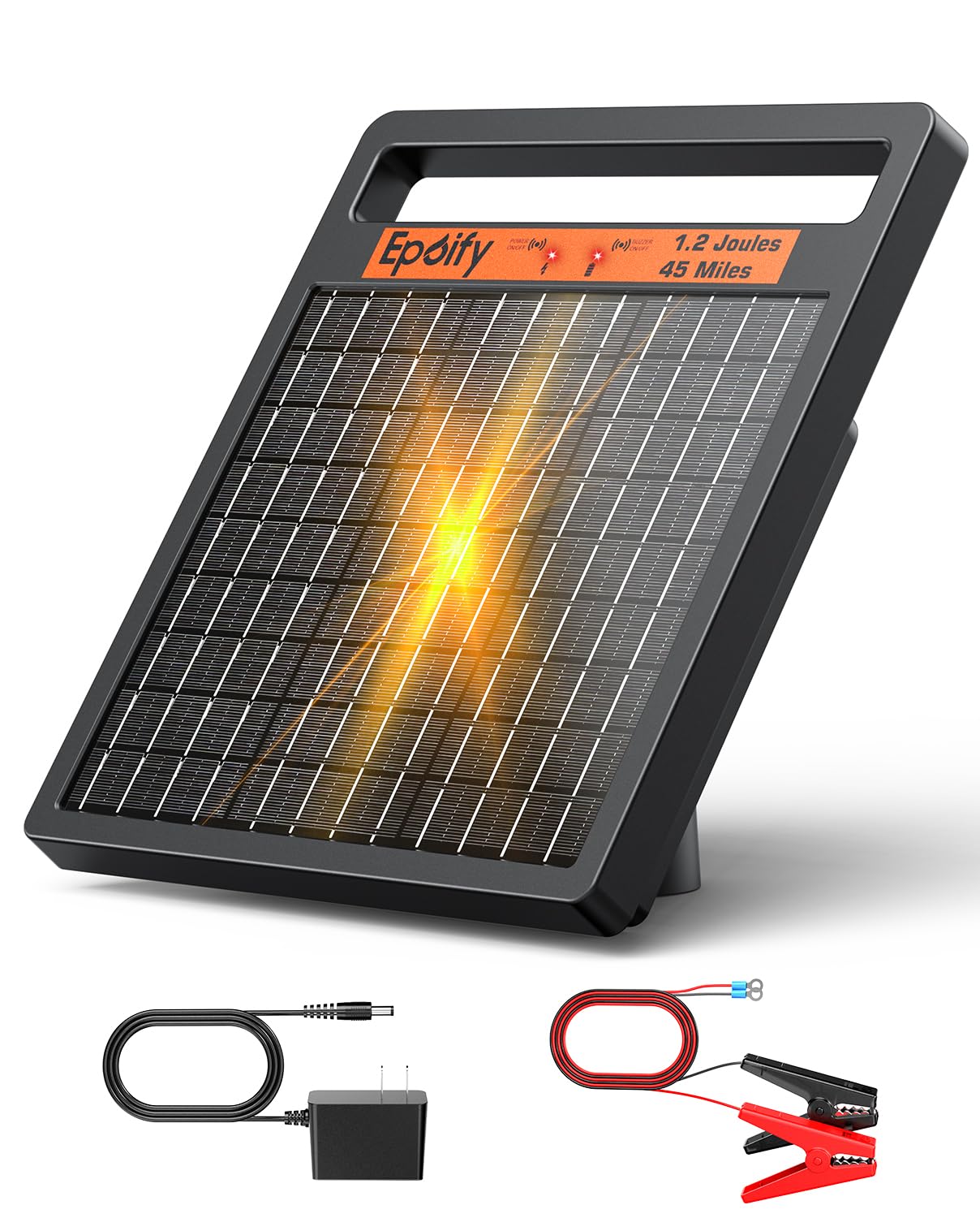 Epoify solar fence charger with 1.2J stored energy for large pastures.