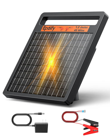 Epoify solar fence charger with 1.2J stored energy for large pastures.