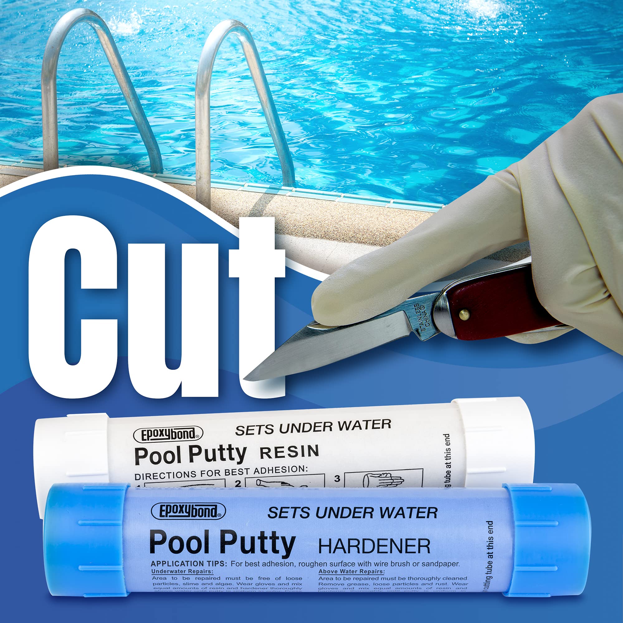 Epoxybond Pool Putty is mixed 1-to-1 and applied easily for quick crack filling underwater.