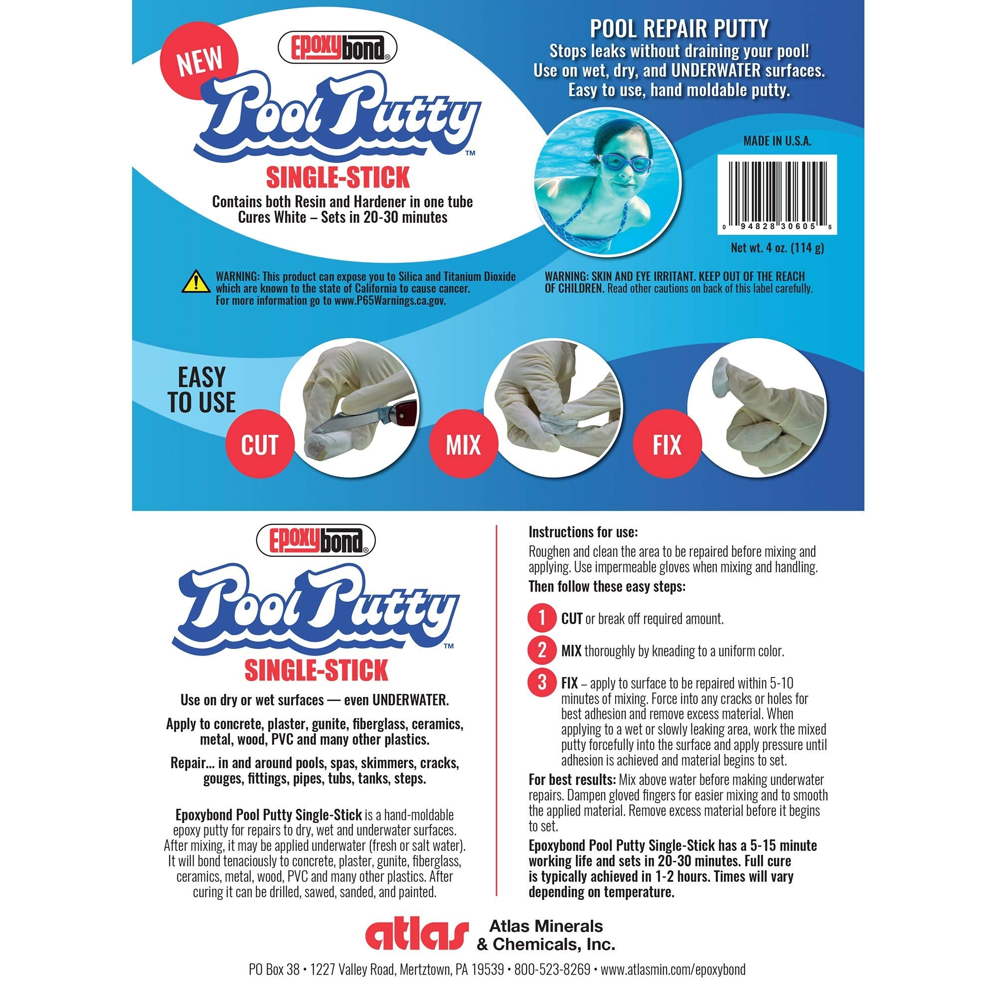 Epoxybond Pool Putty used underwater to stop leaks without draining.