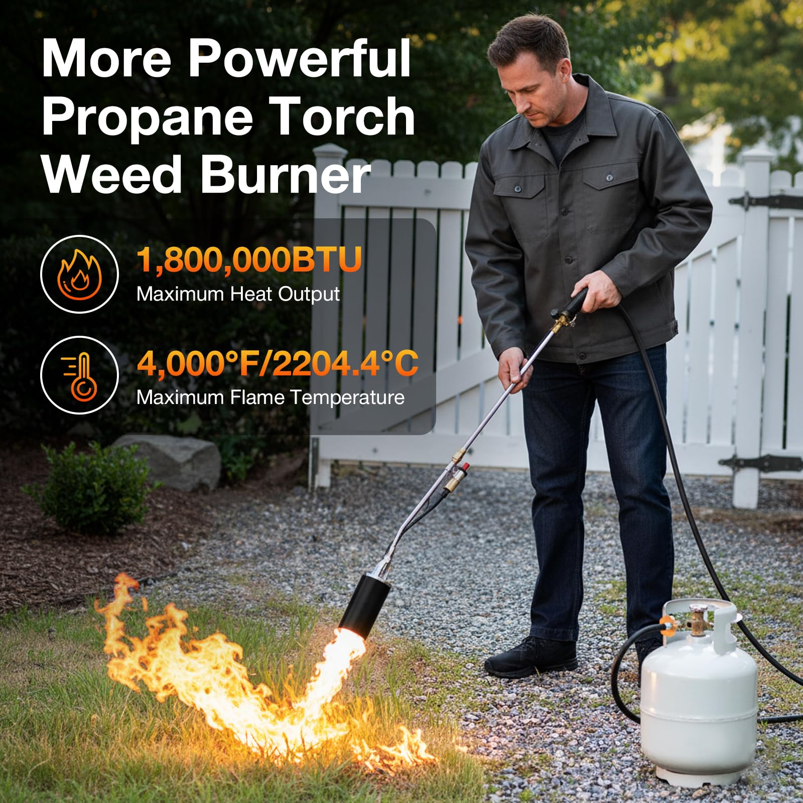 Eptchn weed torch with 37-5 inch wand for improved reach and reduced bending.