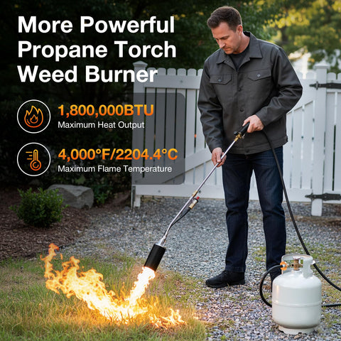 Eptchn weed torch with 37-5 inch wand for improved reach and reduced bending.