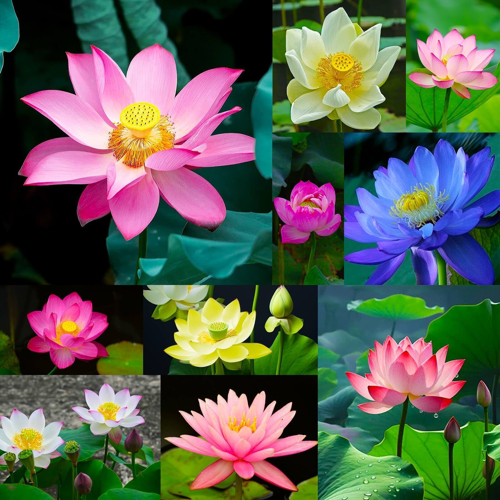 EquSym 15-varieties lotus seeds display variety of colors for vibrant water garden.