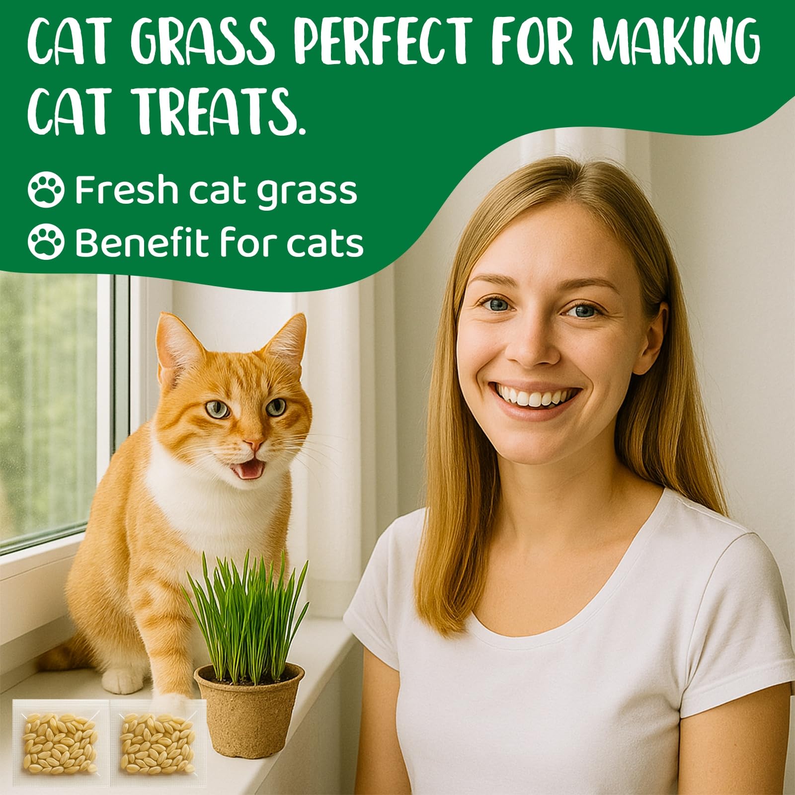 EquSym cat grass seed cups and soil discs shown for easy planting.