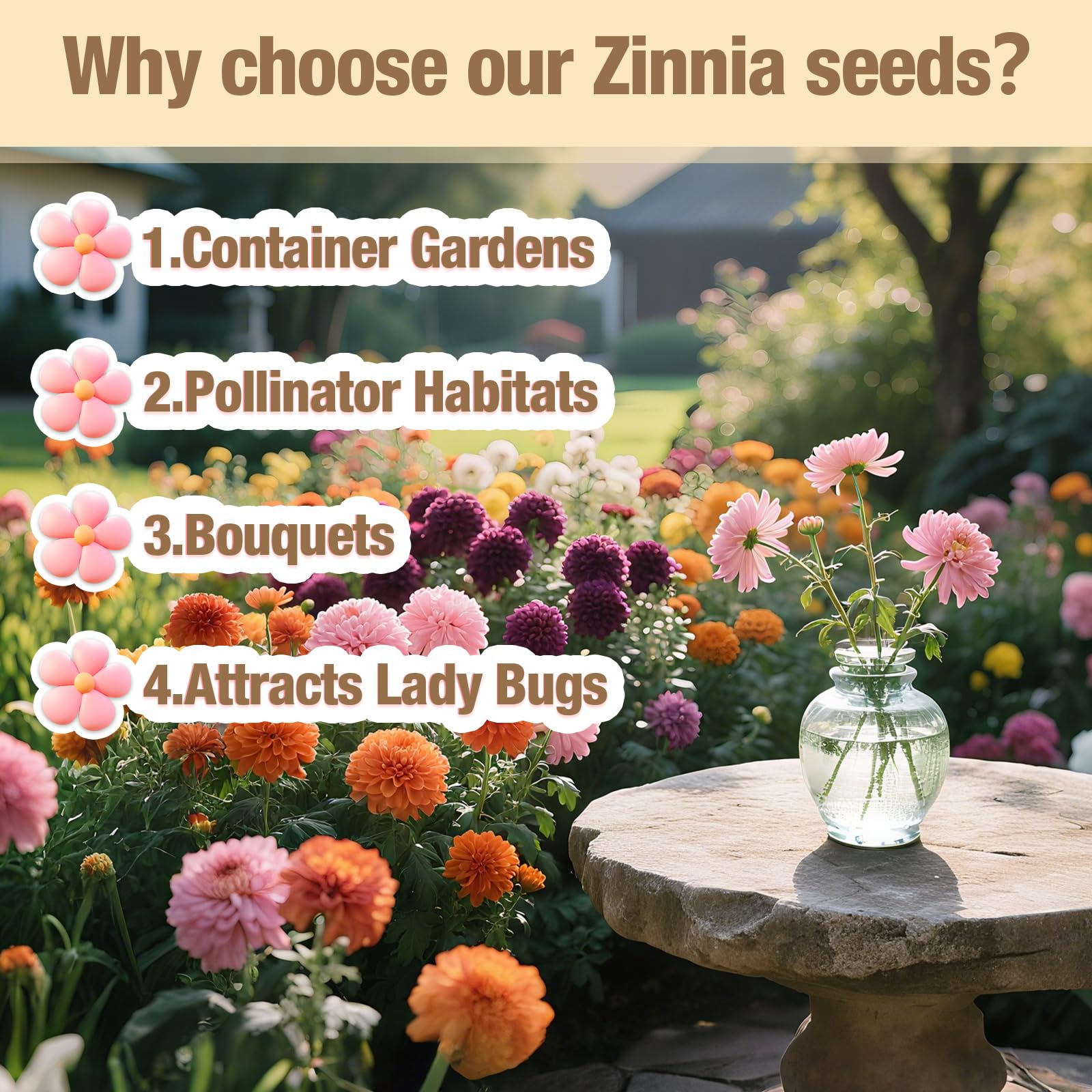 EquSym zinnia seeds color mix ideal for borders and containers