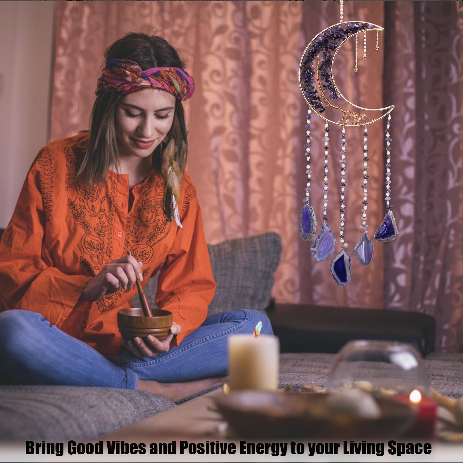 Eraparole Moon Wind Chimes with Amethyst Tree handcrafted copper-wire crystal art