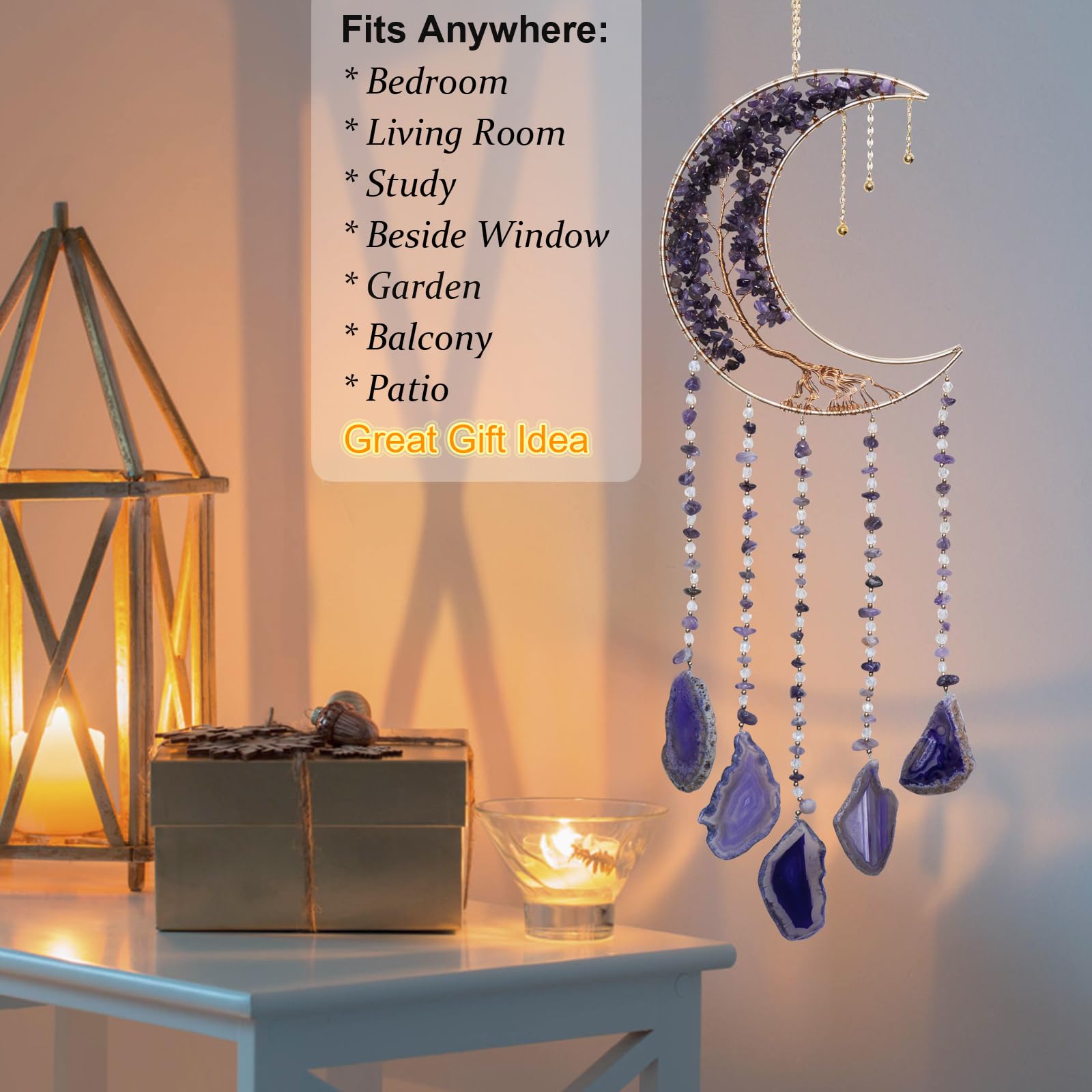 Eraparole Moon Wind Chimes with Amethyst Tree catch light on purple agate slices