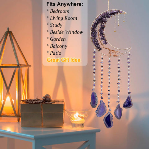 Eraparole Moon Wind Chimes with Amethyst Tree catch light on purple agate slices
