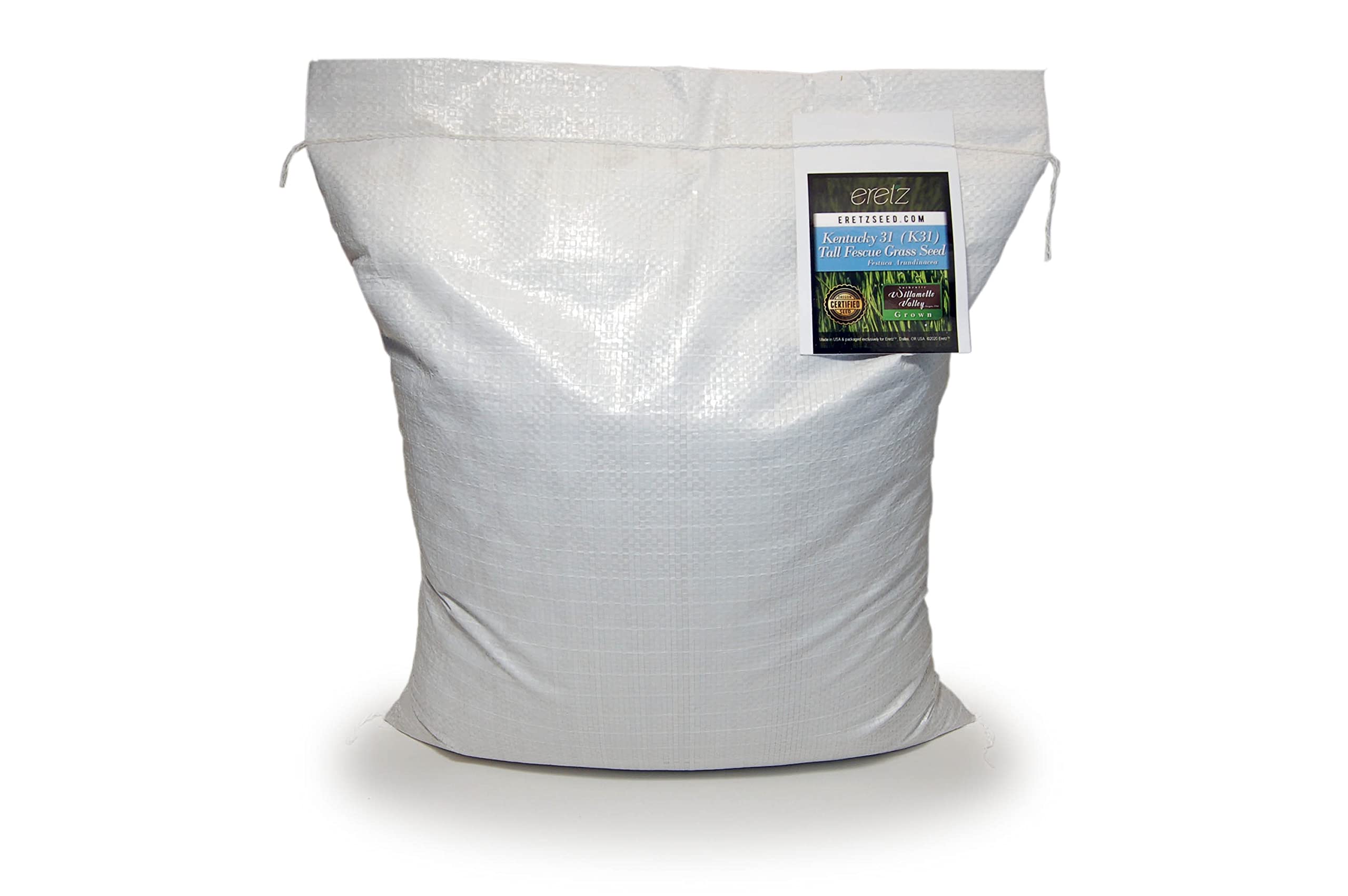 Eretz Kentucky 31 K31 tall fescue seed bag shows state-certified purity.