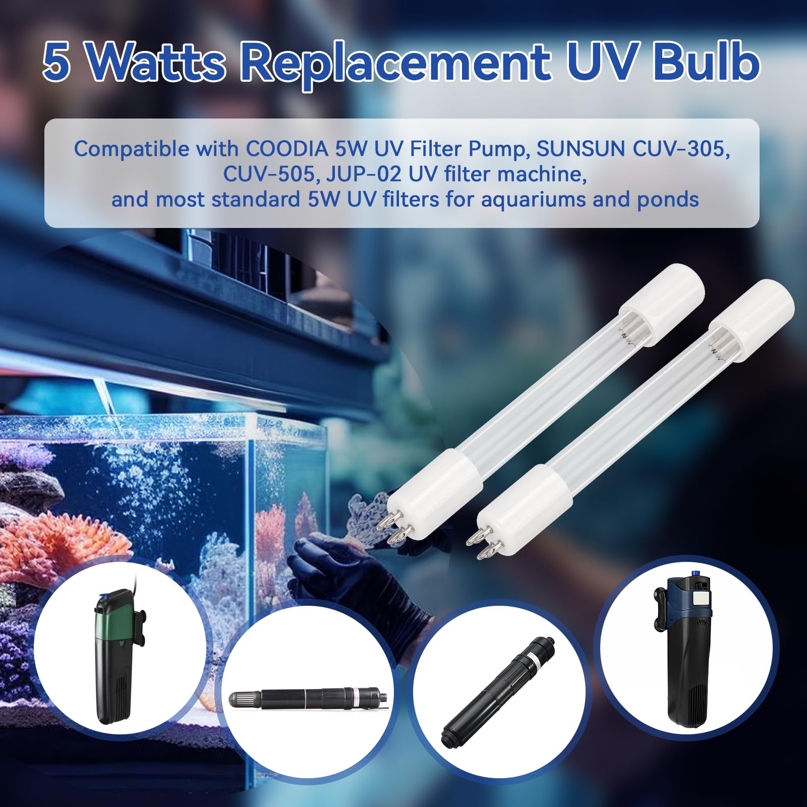 ERETOW 5W UV bulb side angle showing durable quartz for clear water.